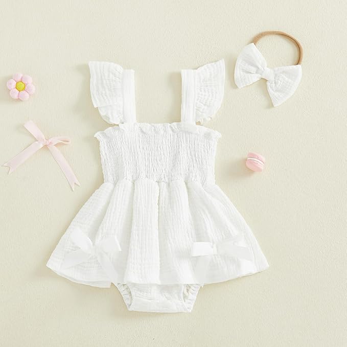 Thorn Tree Baby Girl Summer Clothes Newborn Outfit Ruffle Romper Infant Baby Dress Bow Headband Solid Cute Outfits Girls