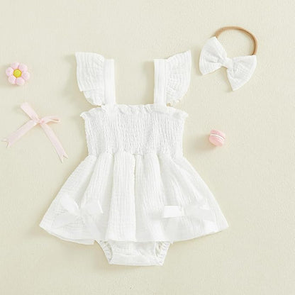 Thorn Tree Baby Girl Summer Clothes Newborn Outfit Ruffle Romper Infant Baby Dress Bow Headband Solid Cute Outfits Girls