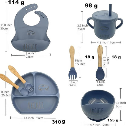 Personalized Name Food Grade 6pcs Baby Feeding Set with Spoon, Fork,Silicone Suction Bowls,Cup,Plate,and bib BPA Free - First Stage Self Feed (Color Dark Gray Y10)