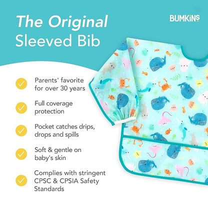 Bumkins Bibs, Baby and Toddler Girls and Boys 6-24 Months, Long Sleeve, Essential Must Have for Eating, Feeding, Mess Saving Lightweight Waterproof Fabric Sleeved Smock, Ocean Life