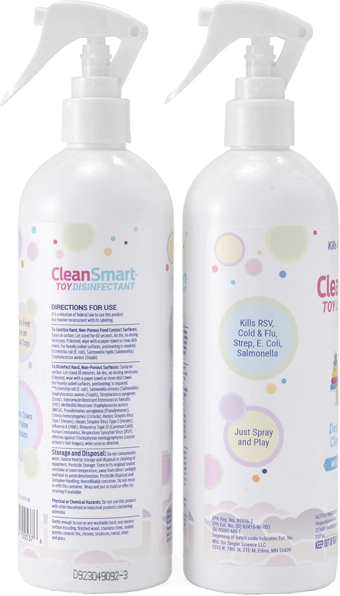 CleanSmart Toy Disinfectant Spray Kills 99.9% of Viruses and Bacteria, Rinse Free, 16 oz Bottle, (Pack of 2)