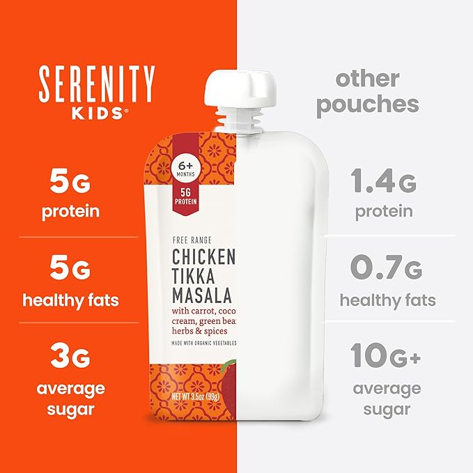 Serenity Kids 6+ Months Chicken Tikka Masala Baby Food Pouch - 3.5 oz, Pack of 12-5g Protein Snacks - Nutrient-Packed Chicken Meals - Ready-to-Serve Pureed Baby Food Pouch