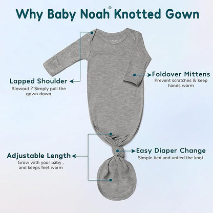 2PK Ultra Soft Knotted Newborn Sleep Gown for Baby Girls Boy- Coming Home Hospital Outfit with Hat, Bow, Clip & Drool Bib Set