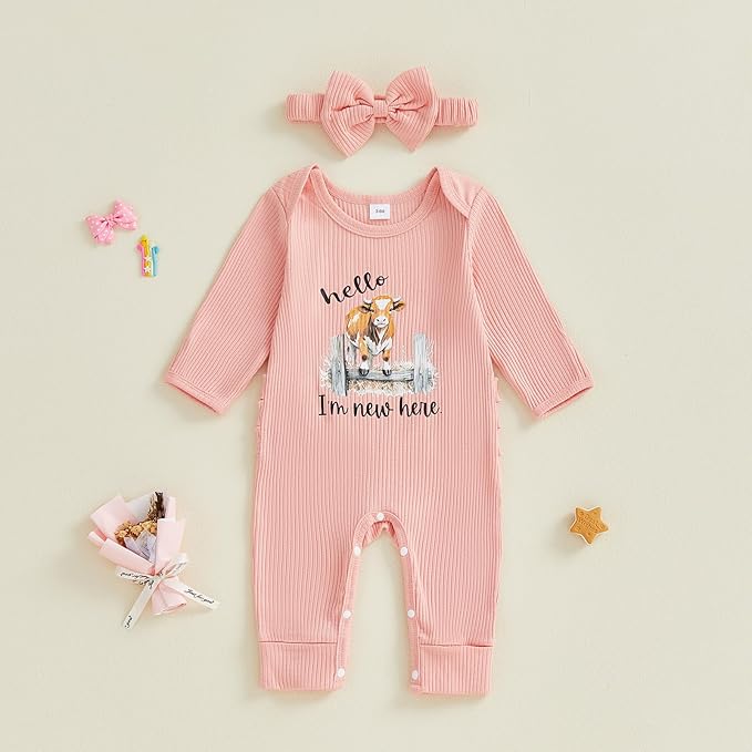 WZTYYDS Newborn Baby Girl Clothes Ribbed Romper Print Long Sleeve Jumpsuits Bow Headband Set Infant One-piece Outfits