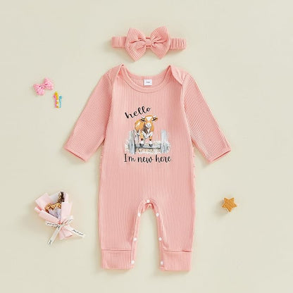 WZTYYDS Newborn Baby Girl Clothes Ribbed Romper Print Long Sleeve Jumpsuits Bow Headband Set Infant One-piece Outfits