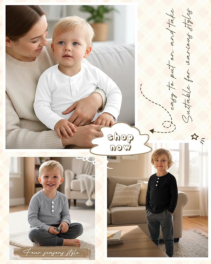 4 Pack Boys' Long Sleeve Shirts Girls' Henley Tees Toddler Baby Knit Casual Tops Kids Fall Clothes Unisex