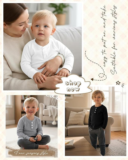 4 Pack Boys' Long Sleeve Shirts Girls' Henley Tees Toddler Baby Knit Casual Tops Kids Fall Clothes Unisex