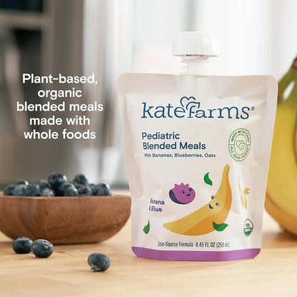 KATE FARMS Organic Pediatric Blended Meal, Bananas and Blueberries, 8g protein, organic whole foods, oral or tube feed nutrition, Gluten Free, Non-GMO, 8.45 oz (12 Pack)