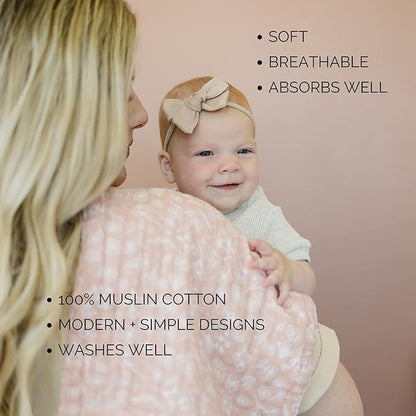 Mebie Baby Burp Cloths, Floral Print 3-Pack, Muslin Burp Cloth Set for Spit Up, Drool, and More, Boho Burp Cloths for Baby Boy and Girl, Baby Must Haves for Registry Lists and Gifts for Newborns