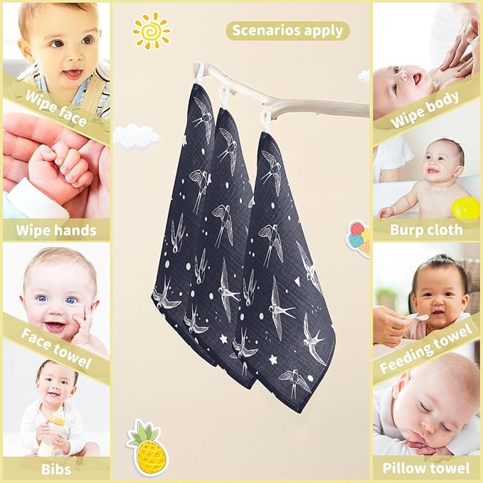 vvfelixl Baby Muslin Washcloths Swallow Bird Baby Burp Cloths Cotton Baby Face Towel for Newborn Infants Boys Girls Soft and Absorbent 11.8 X 11.8 in, 3 Pack