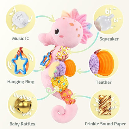 Sumobaby Infant Baby Musical Stuffed Animal Activity Soft Toys with Multi-Sensory Crinkle, Rattle and Textures, for Tummy Time Newborn 0-3-6-12 Months Girls,Seahorses, Pink
