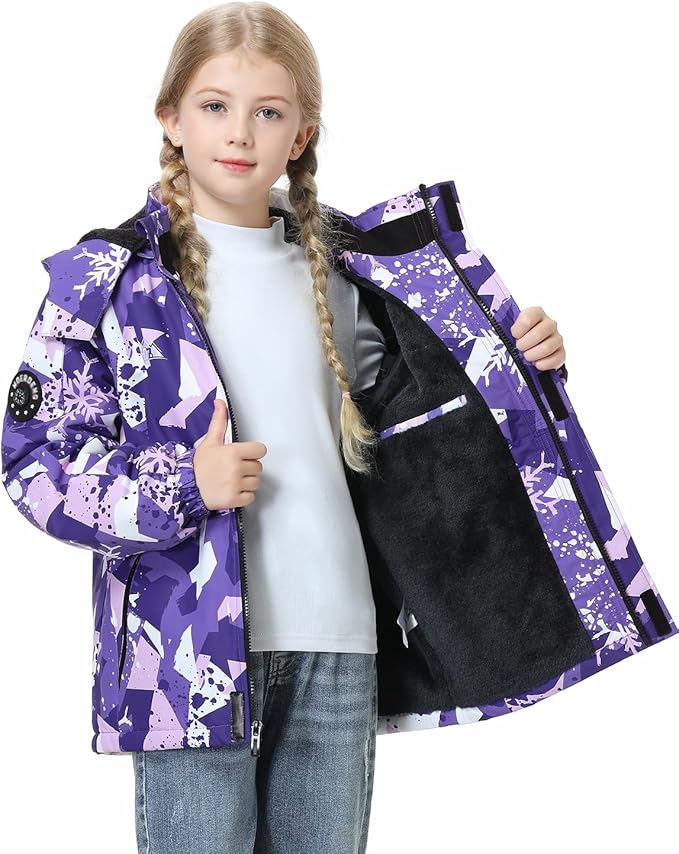 Kid's Ski Jacket Waterproof Winter Coat Boy's and Girl's Fleece Snowboarding Jackets with Detachable Hood