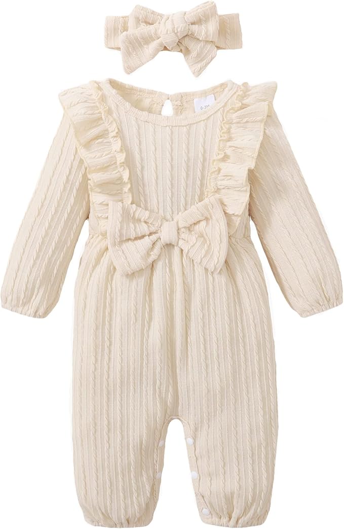 Happy Town Baby Girl Romper Infant Fall Winter Clothes Ruffle Sweater Long Sleeve Bodysuit Jumpsuit and Headband