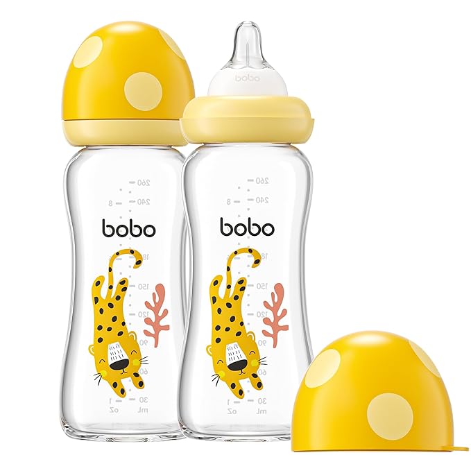 YOHKOH Natural Glass Baby Bottle with Level 2 Medium Flow Nipple, Newborn Anti-Colic Baby Bottles, Wide Neck Mushroom Baby Glass Bottle (8.8ounce (Pack of 2), Yellow2)