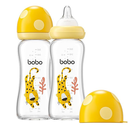 YOHKOH Natural Glass Baby Bottle with Level 2 Medium Flow Nipple, Newborn Anti-Colic Baby Bottles, Wide Neck Mushroom Baby Glass Bottle (8.8ounce (Pack of 2), Yellow2)