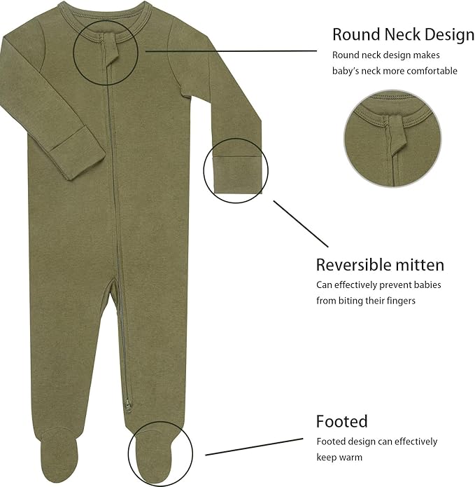 GUISBY Footed Long Sleeve Baby Pajamas with Zipper Cotton Infant Sleepwear