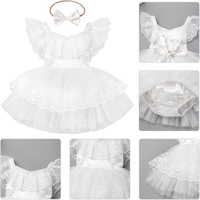 FYMNSI Infant Baby Girl 1st Birthday Outfit Floral Lace Tulle Romper Tutu Dress Headband 2PCS Bodysuit Princess Summer Clothe