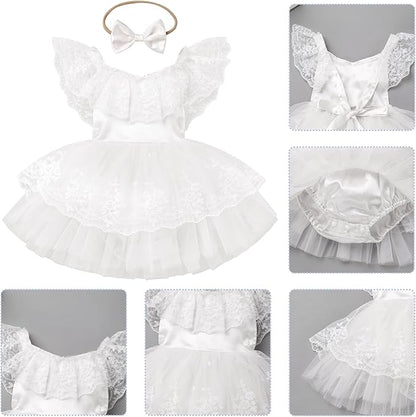 FYMNSI Infant Baby Girl 1st Birthday Outfit Floral Lace Tulle Romper Tutu Dress Headband 2PCS Bodysuit Princess Summer Clothe