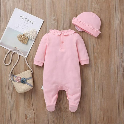 Infant Baby Girl Ruffled Cotton Footies Footed Overall Romper with Hat Toddler Baby Footed Jumpsuit