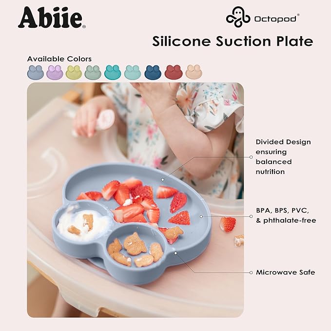 Abiie Octopod Frog Silicone Plates with Suction - Spill Proof, Easy to Clean - BPA-Free Bowl - Suction Plates for Baby and Toddler - Training & Feeding Divided Grip Dish (Sage Green)