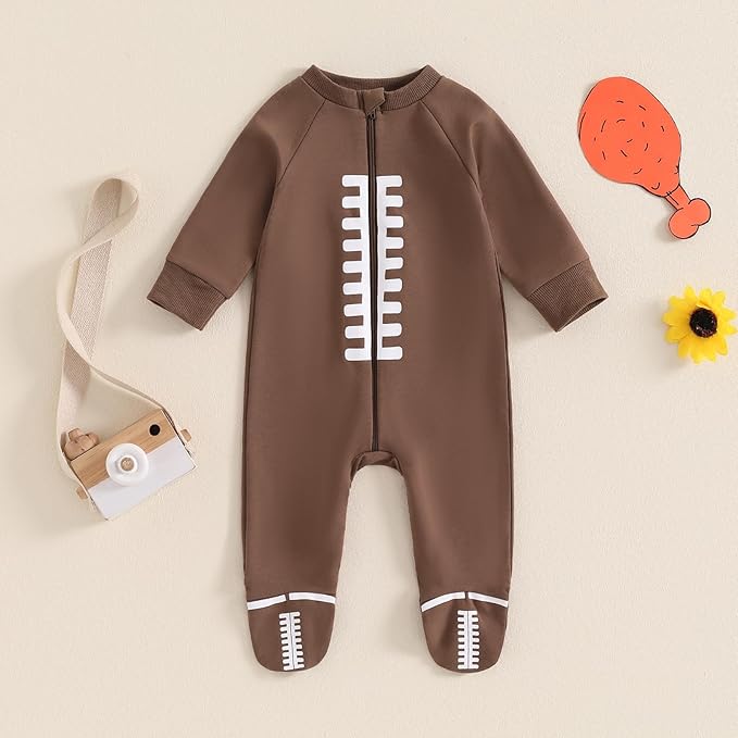 allshope Newborn Baby Boy Girl Fall Outfit Romper Sweatshirt Football Rugby Print Onesie Jumpsuit Bodysuit Infant Clothes