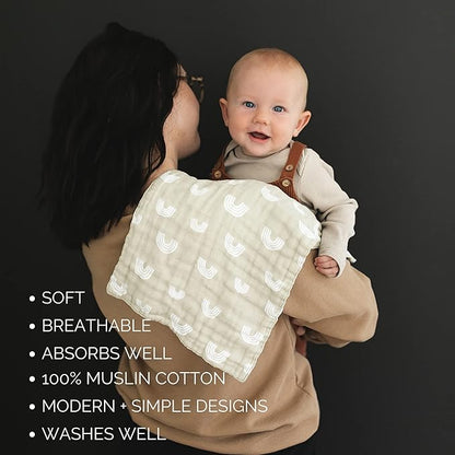 Mebie Baby Burp Cloths, Neutral Print 3-Pack, Muslin Burp Cloth Set for Spit Up, Drool, and More, Boho Burp Cloths for Baby Boy and Girl, Baby Must Haves for Registry