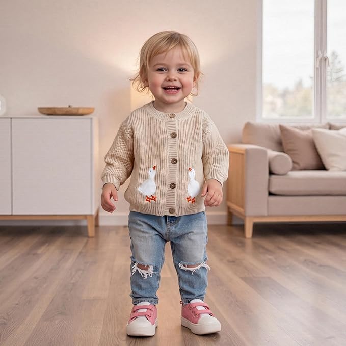 Baby Girl Cardigan Sweater Toddler Goose Embroidered Button Down Knit Sweaters Fall Winter Knitwear Jacket Clothes