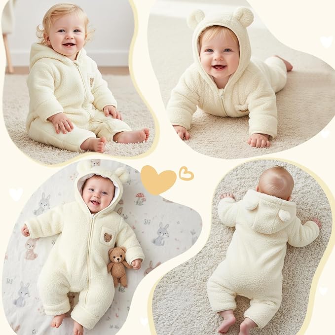 JiAmy Baby Snowsuit Newborn Fleece Winter Clothes With Flod-Over Zipper Baby Bear Hooded Thick Outfits