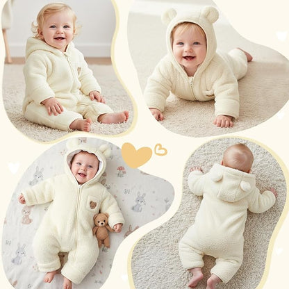 JiAmy Baby Snowsuit Newborn Fleece Winter Clothes With Flod-Over Zipper Baby Bear Hooded Thick Outfits
