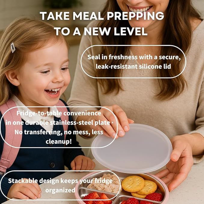 Karefree Children’s Minimalist Stainless Steel Suction Plate with Lid – 3-Section, BPA-Free, Food Grade Silicone, Easy Clean, Perfect for Toddlers & Baby Led Weaning (2, Blush Pink and Beige)