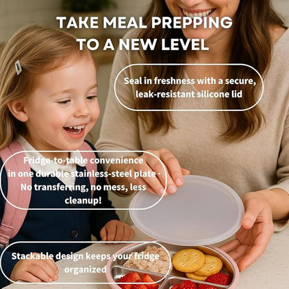 Karefree Children’s Minimalist Stainless Steel Suction Plate with Lid – 3-Section, BPA-Free, Food Grade Silicone, Easy Clean, Perfect for Toddlers & Baby Led Weaning (2, Blush Pink and Beige)