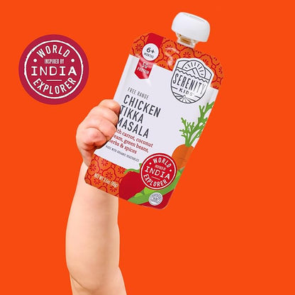 Serenity Kids 6+ Months Chicken Tikka Masala Baby Food Pouch - 3.5 oz, Pack of 12-5g Protein Snacks - Nutrient-Packed Chicken Meals - Ready-to-Serve Pureed Baby Food Pouch