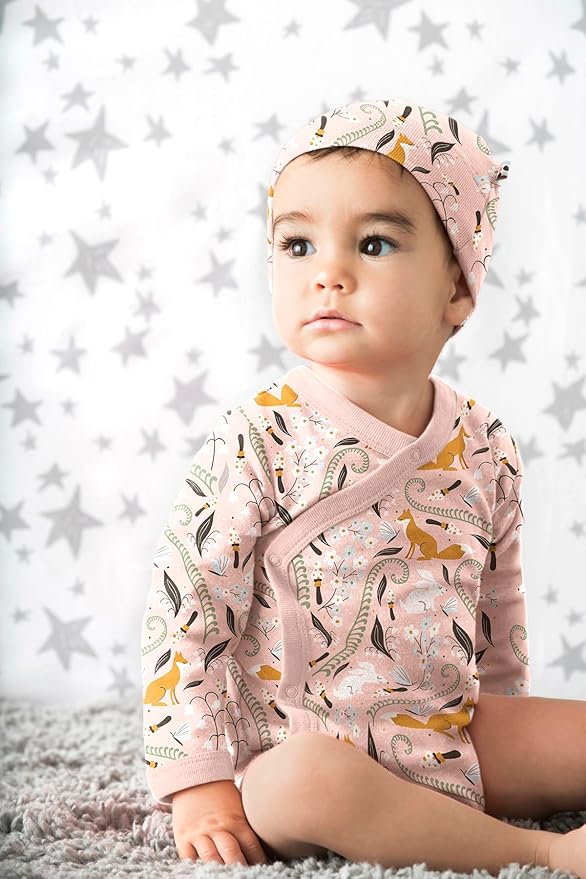 Babysoy Organic Baby Newborn Long Sleeve Pattern Kimono Wrap Around Side Snap Bodysuit/Onesie for Unisex Infants