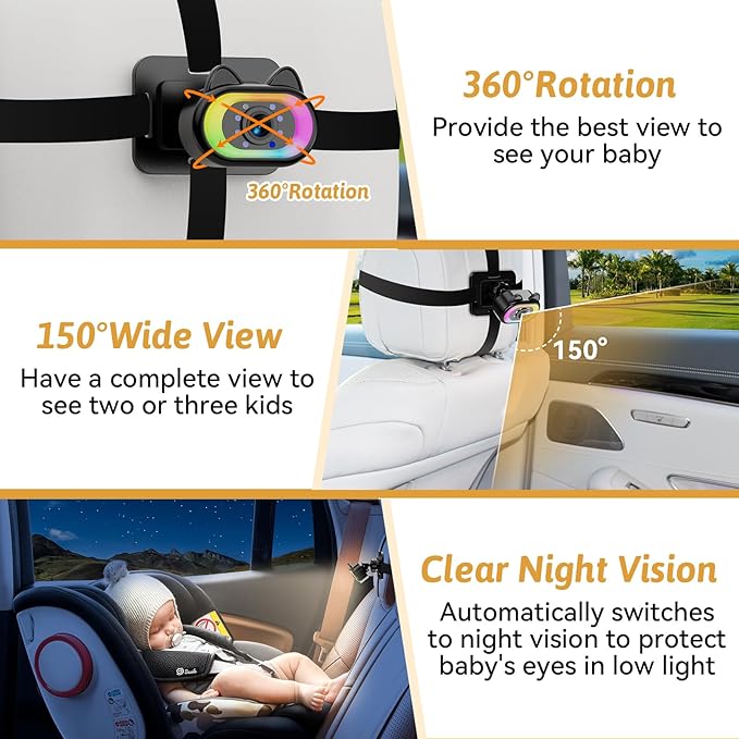 Baby Car Camera 2-Pack – HD 1080P, 150° Wide Angle, Night Vision, Adjustable LED Light, Easy Installation, Infant Safety, Rear Seat Monitoring for Car Travel