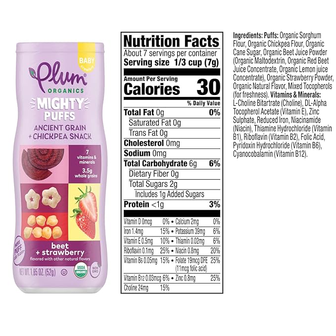 Plum Organics Mighty Puffs Ancient Grain + Chickpea Snack, Beet + Strawberry Flavor, Baby Crawlers, Kosher, USDA Certified Organic, Non-GMO, 1.85 Ounce (Pack of 6)