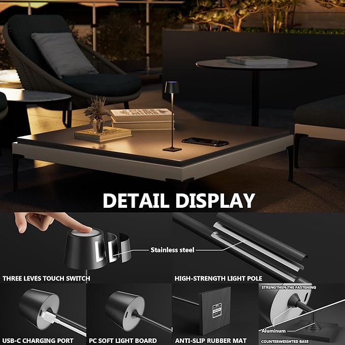 Compact Cordless Table Lamp, Rechargeable LED Night Light, Dual Light Source (RGB Top & Warm Bottom), Touch Control & Timer, Metal Lamp for Bedroom & Kids Room (Black 1pack)