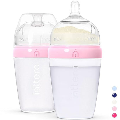 INTTERO Baby Bottles with Built-in Formula Dispenser, Anti-Colic Wide Neck Design for Newborn Feeding and Everyday Baby Essentials, 9 Oz Medium Flow (2 Pack), Cute Pink