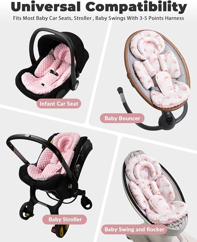 Infant Car Seat Insert with Extra Cushion for Preemie to Toddler, Reversible Newborn Carseat Insert for Baby Head Body Support, Fits for Stroller, Baby Swing, Bouncer - Dots, Pink