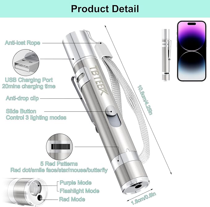 TBTeek Cat Toys, Rechargeable, 3 Light Modes & 5 Adjustable Patterns, Portable Interactive Kitten Pet Dog Cat Mouse Toy for Fun Chase Play Exercise（3 Pack）