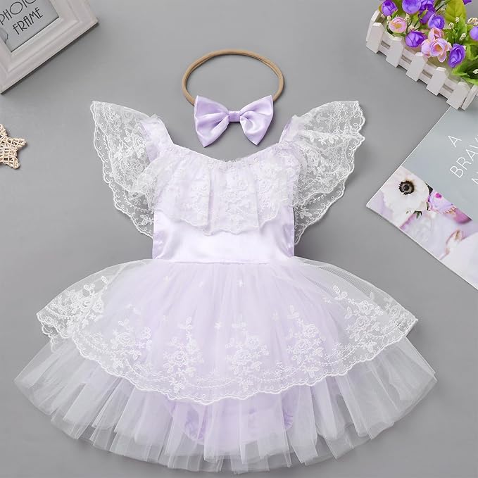 FYMNSI Infant Baby Girl 1st Birthday Outfit Floral Lace Tulle Romper Tutu Dress Headband 2PCS Bodysuit Princess Summer Clothe
