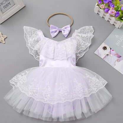 FYMNSI Infant Baby Girl 1st Birthday Outfit Floral Lace Tulle Romper Tutu Dress Headband 2PCS Bodysuit Princess Summer Clothe