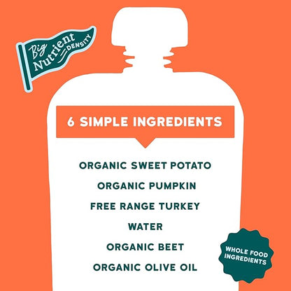 Serenity Kids 6+ Months Turkey Baby Food Pouches - No Added Sugar Pumpkin Puree - BPA-Free Baby Food Pouch for Toddler Snacks - 3.5 Oz, Pack of 12