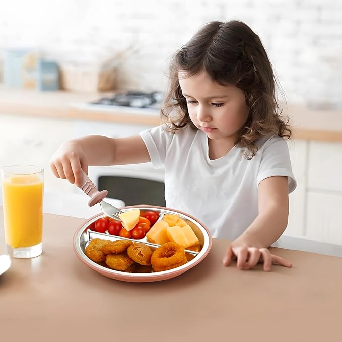 PandaEar 2 Pack Stainless Steel Baby Suction Plates & 2 Pack Spoons and Forks Set, Toddler Utensils Baby Feeding Set, Divided Plates for Baby Led Weaning Supplies, BPA-Free (Pink)