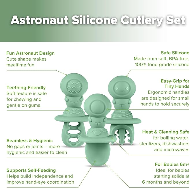 Haakaa Silicone Baby Spoons Self Feeding 6 Months – Baby Utensils with Anti-Choke Astronaut Handle, Easy-Grip, Gum-Friendly, Durable & Safe – Baby Spoons for BLW & First Stage Feeding