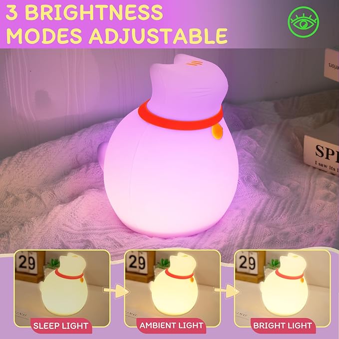 7-Color Changing Cat Night Light, Silicone Rechargeable Nursery Light with Timer & 3 Modes, Kids Bedroom Lamp Touch Sensor (Cute Animal Design)