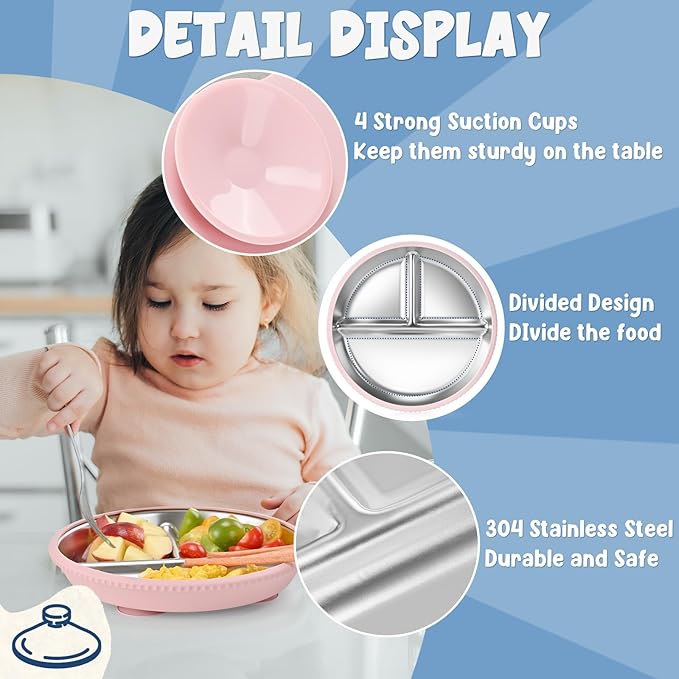 2-Pack Stainless Steel Kids’ Plates with Suction Bases, 8.26" Divided Toddler Plates with Removable Silicone Sleeves, Non-Slip, BPA-Free, Dishwasher Safe (Pink & Blue)
