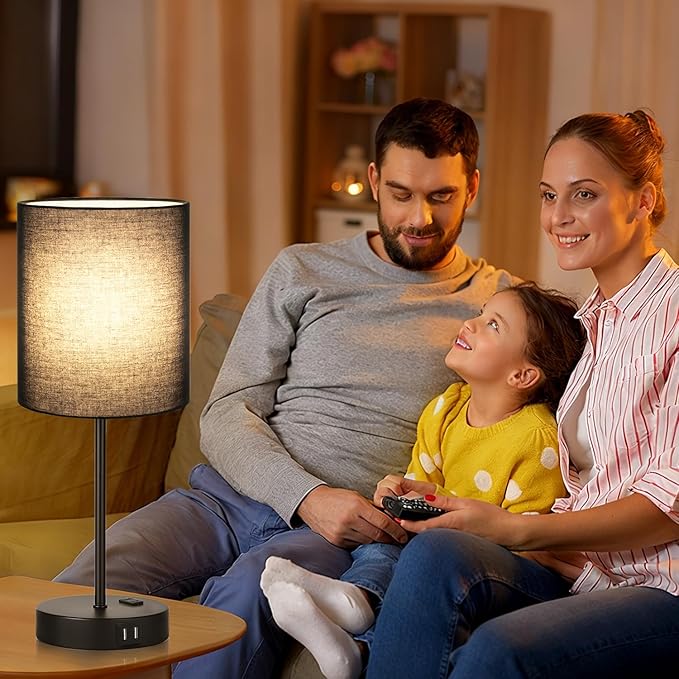 Lynnoland 2 Pack Touch Control Table Lamps with 2 USB & AC Outlet, 3-Way Dimmable Bedside Nightstand Lamps for Bedroom Living Room Nursery, 800 Lumens 3000K Warmlight Bulbs Included