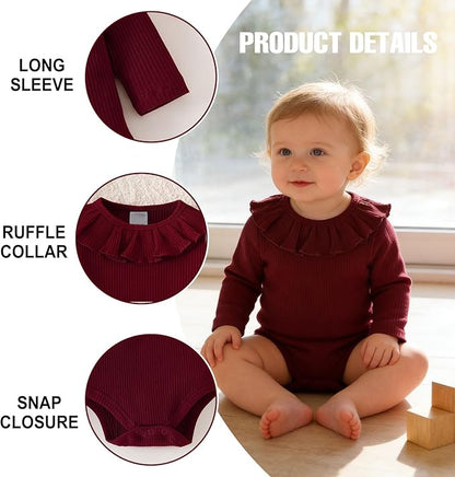 ROMPERINBOX Baby Girl Bodysuit 2 Pack, Long Sleeve Ribbed Knitted Onsies Ruffle Collar and Flutter Sleeve Fall Winter Clothes
