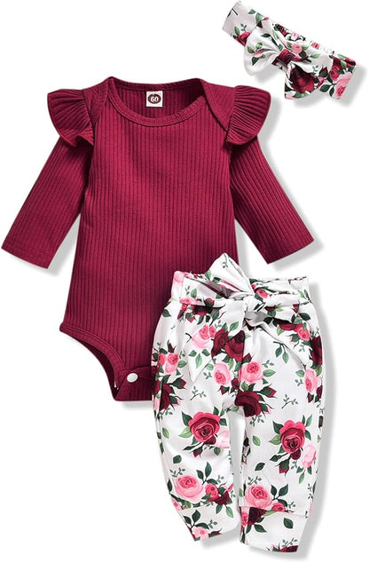 Aalizzwell Preemie Newborn Infant Baby Girls Clothes Ribbed Romper Bodysuit Pants Set Fall Winter Outfits