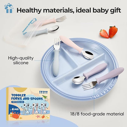 6 PCS Toddler Utensils Kids Silverware Set with Silicone Handle Children Food Grade 18/8 Stainless Steel Toddler Forks and Spoons Safe Anti-Choke Design Mirror Polished Sturdy Durable Dishwasher Safe
